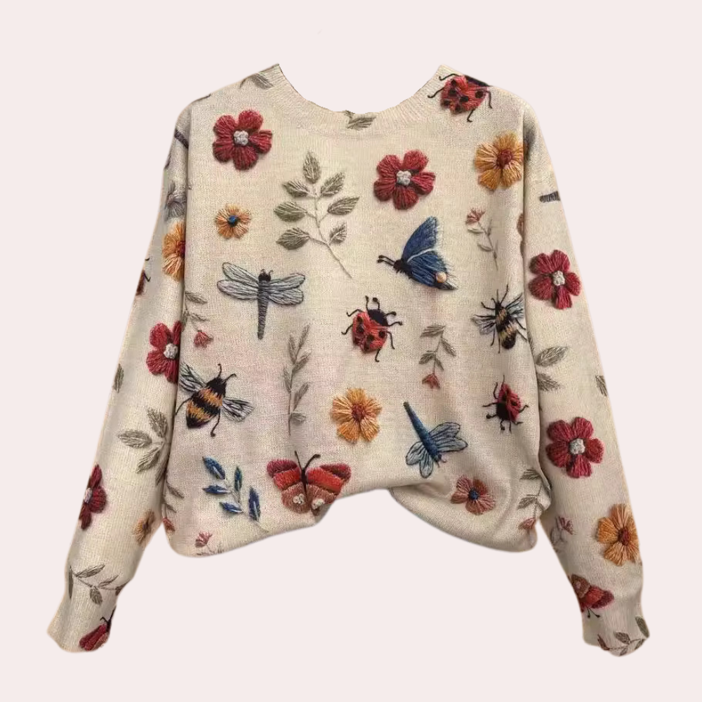 Cotton Sweater with Multi-Colored Knit Insects and Flowers