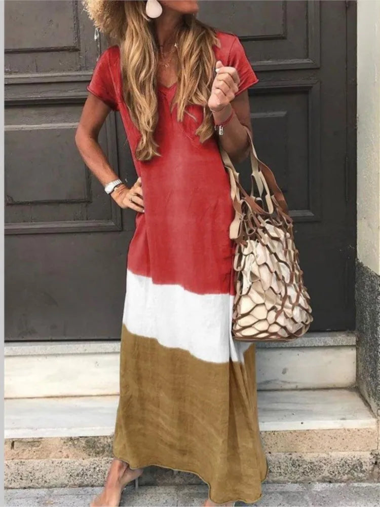 Loose Contrasting Colors Long Dresses Summer V-neck Short Sleeves Maxi Dress Female Commuting Vestidos New