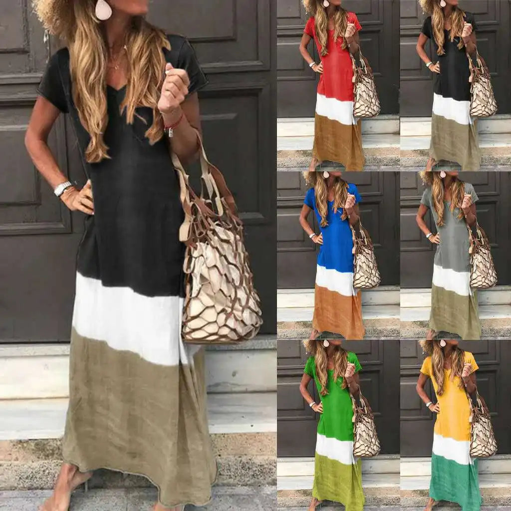 Loose Contrasting Colors Long Dresses Summer V-neck Short Sleeves Maxi Dress Female Commuting Vestidos New