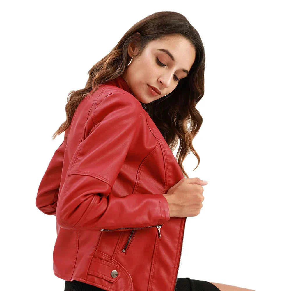 Women's leather jacket with Mao