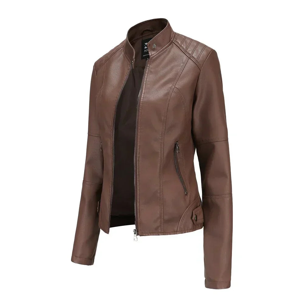 Women's leather jacket with Mao