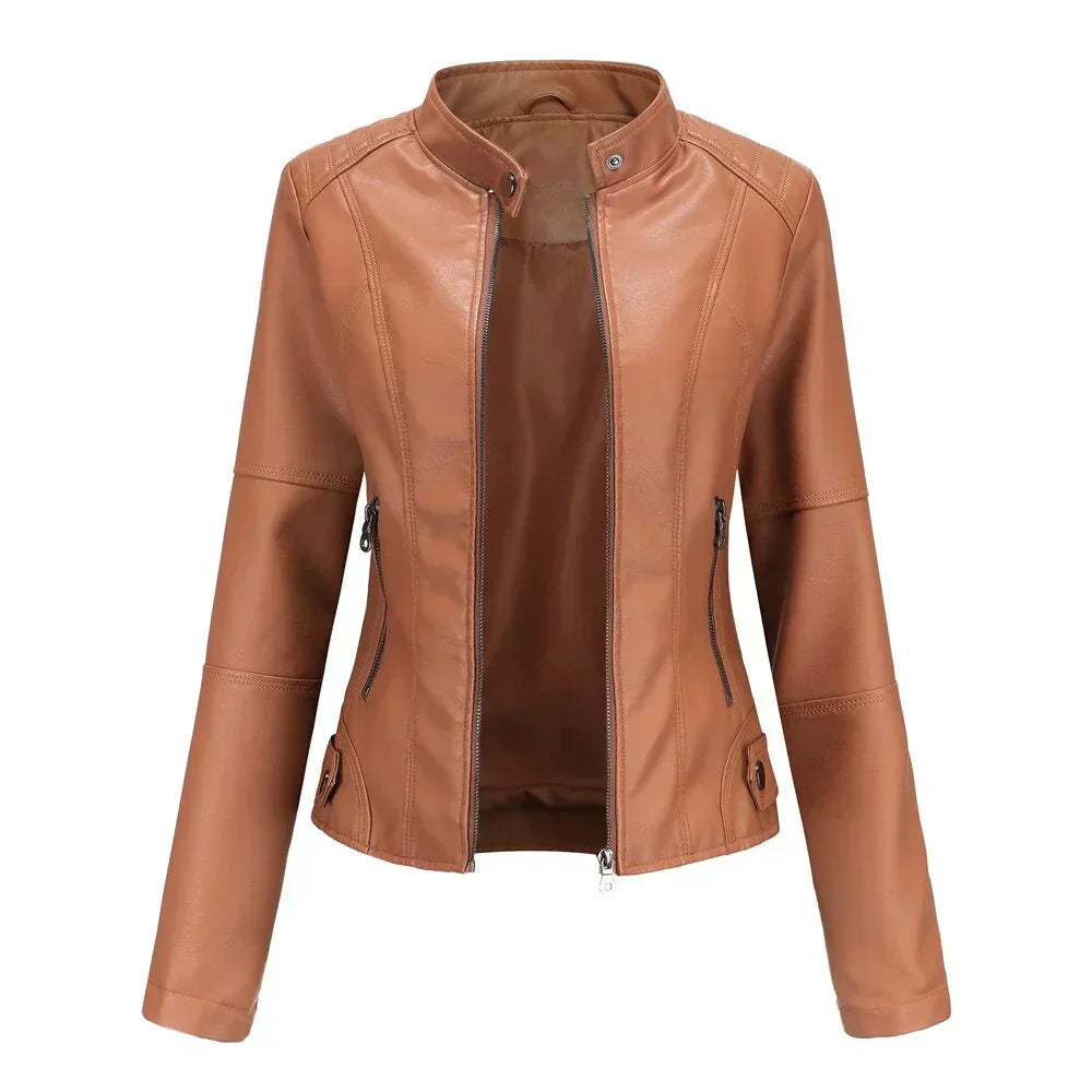 Women's leather jacket with Mao
