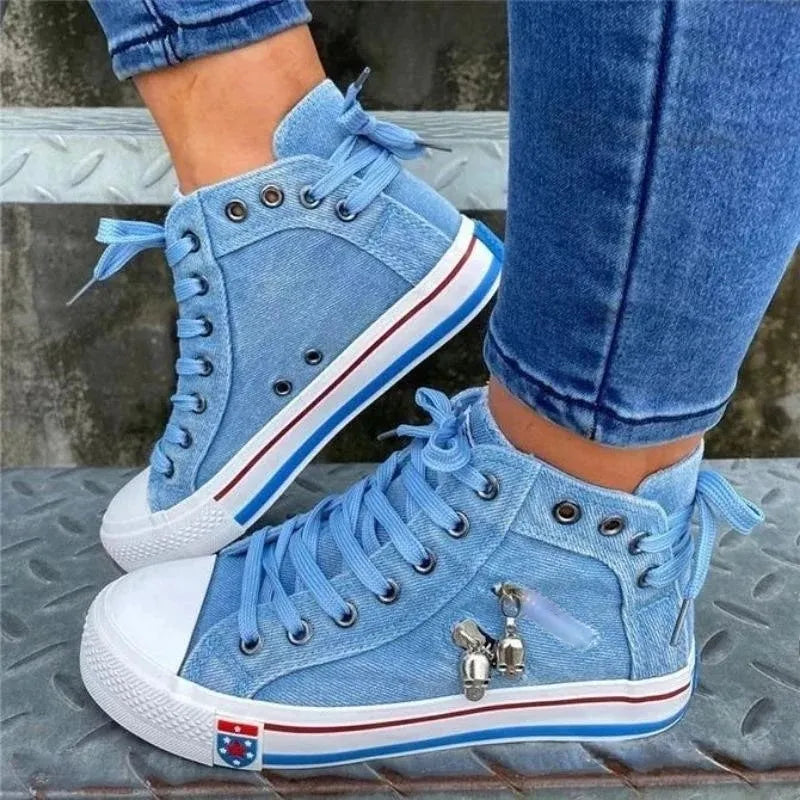Denim sneakers with white sole