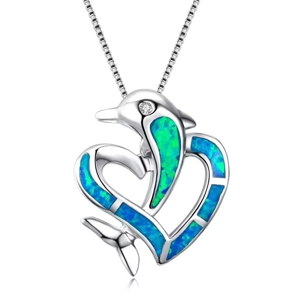 Elegant Opal Dolphin Necklace