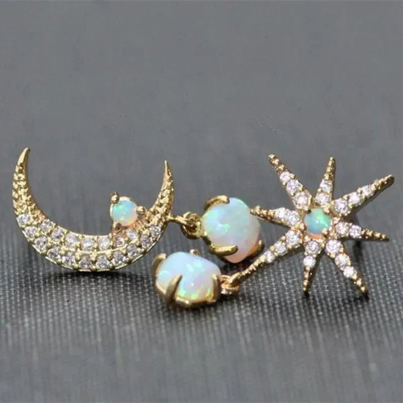 Elegant Opal Star Moon Earrings