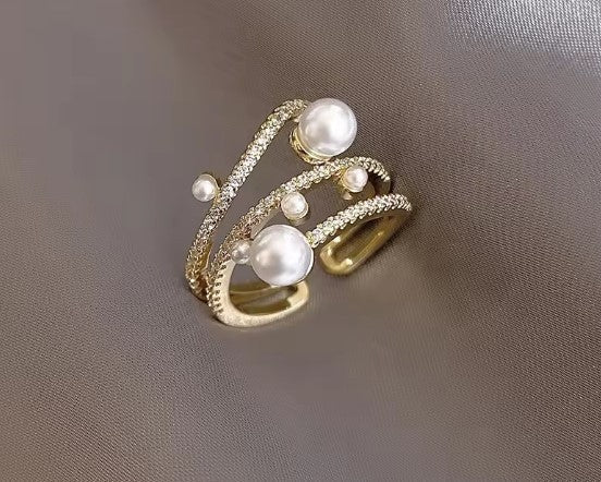 Exquisite Three Layer Pearl Gold Adjustable Ring