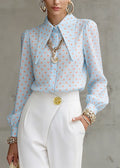 French Blue Peter Pan Collar Dot Print Shirt Lantern Sleeve
