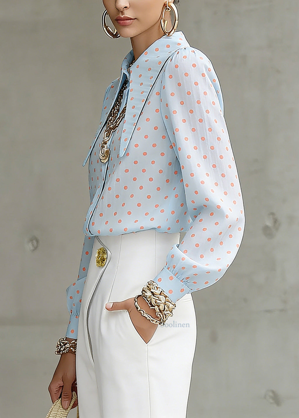 French Blue Peter Pan Collar Dot Print Shirt Lantern Sleeve