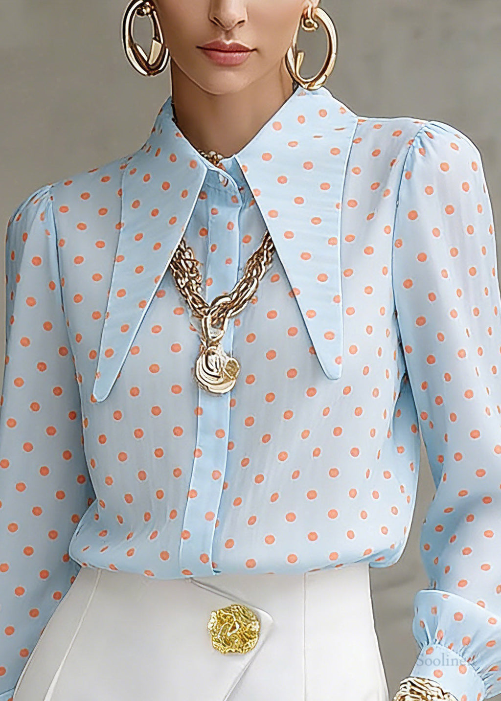 French Blue Peter Pan Collar Dot Print Shirt Lantern Sleeve