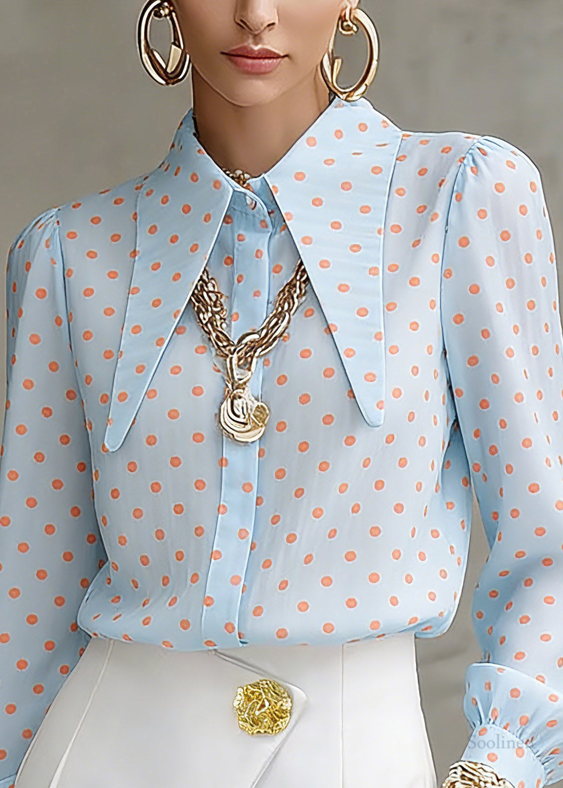 French Blue Peter Pan Collar Dot Print Shirt Lantern Sleeve