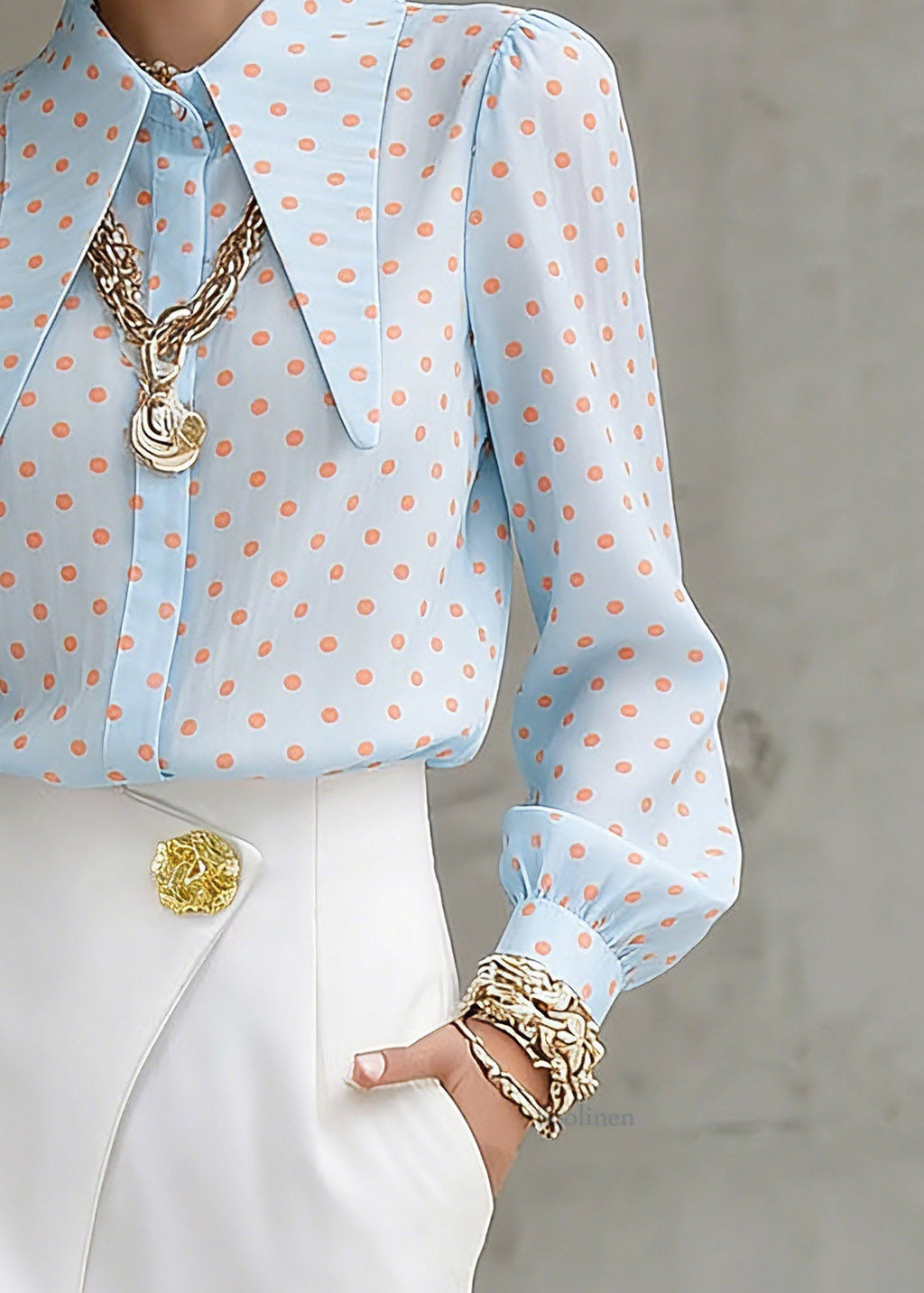 French Blue Peter Pan Collar Dot Print Shirt Lantern Sleeve