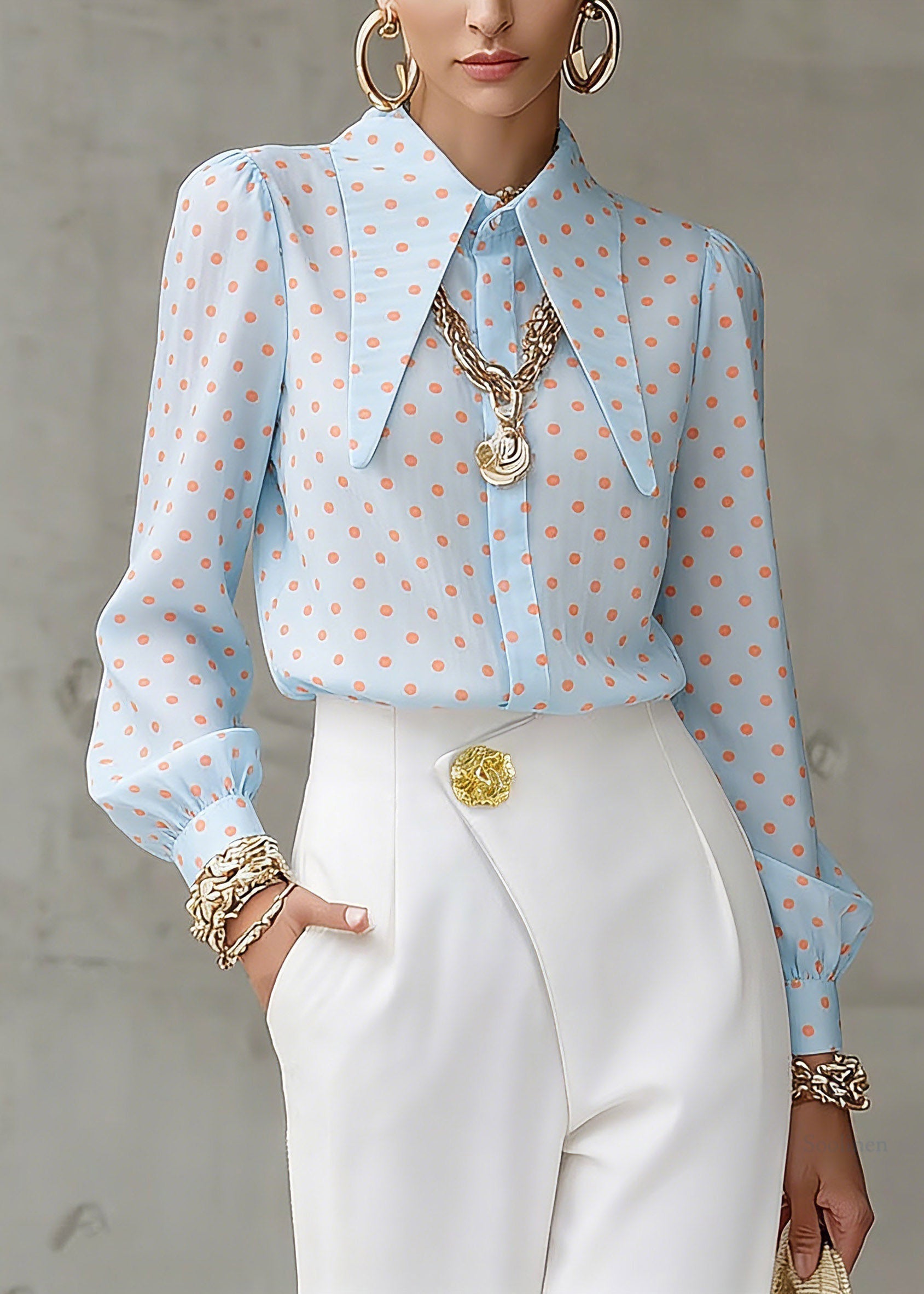 French Blue Peter Pan Collar Dot Print Shirt Lantern Sleeve