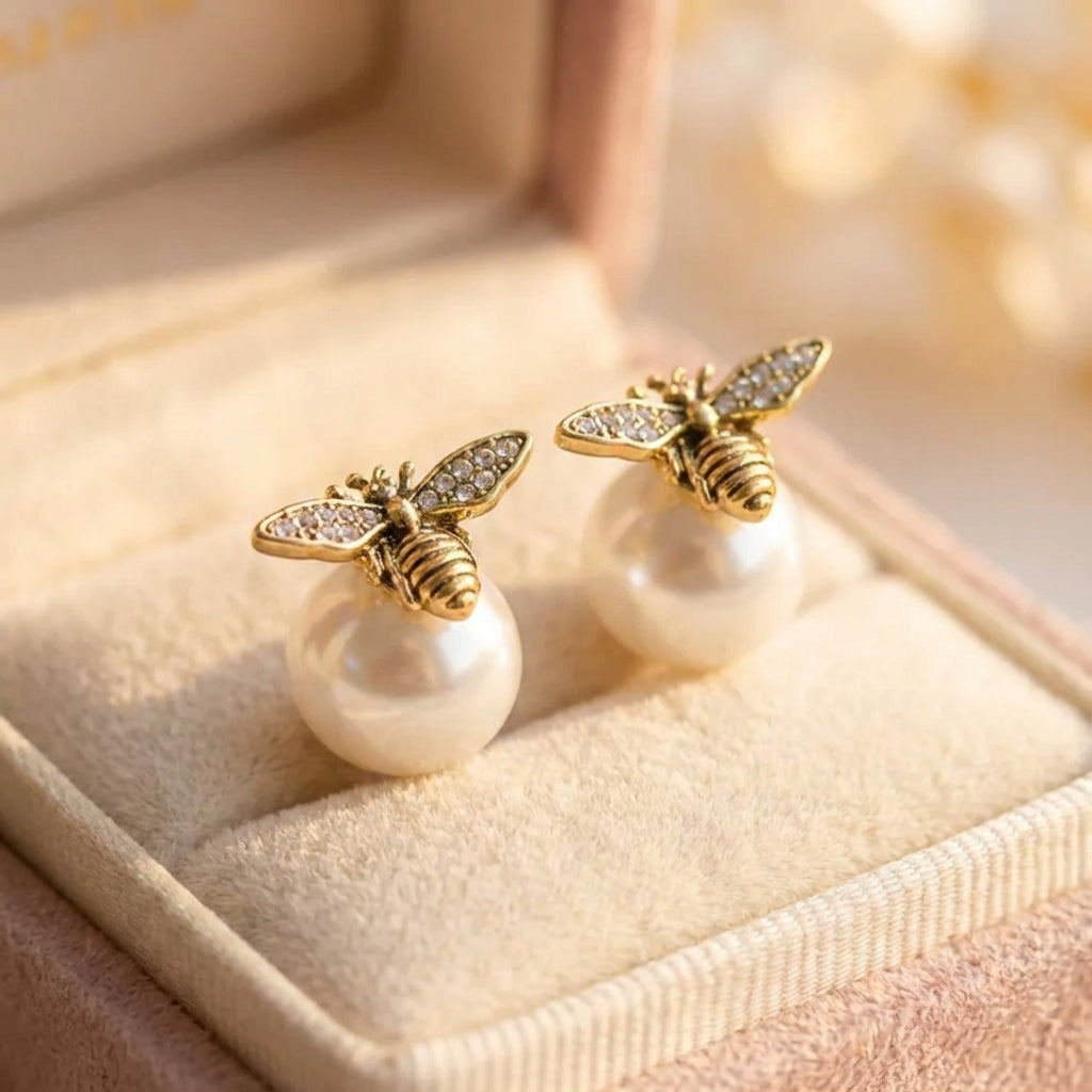 Vintage Bee Pearl Earrings