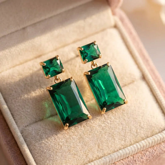 Vintage Green Rectangle Crystal Earrings