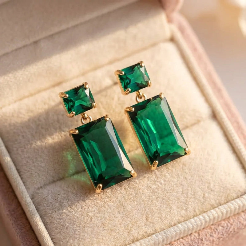 Vintage Green Rectangle Crystal Earrings