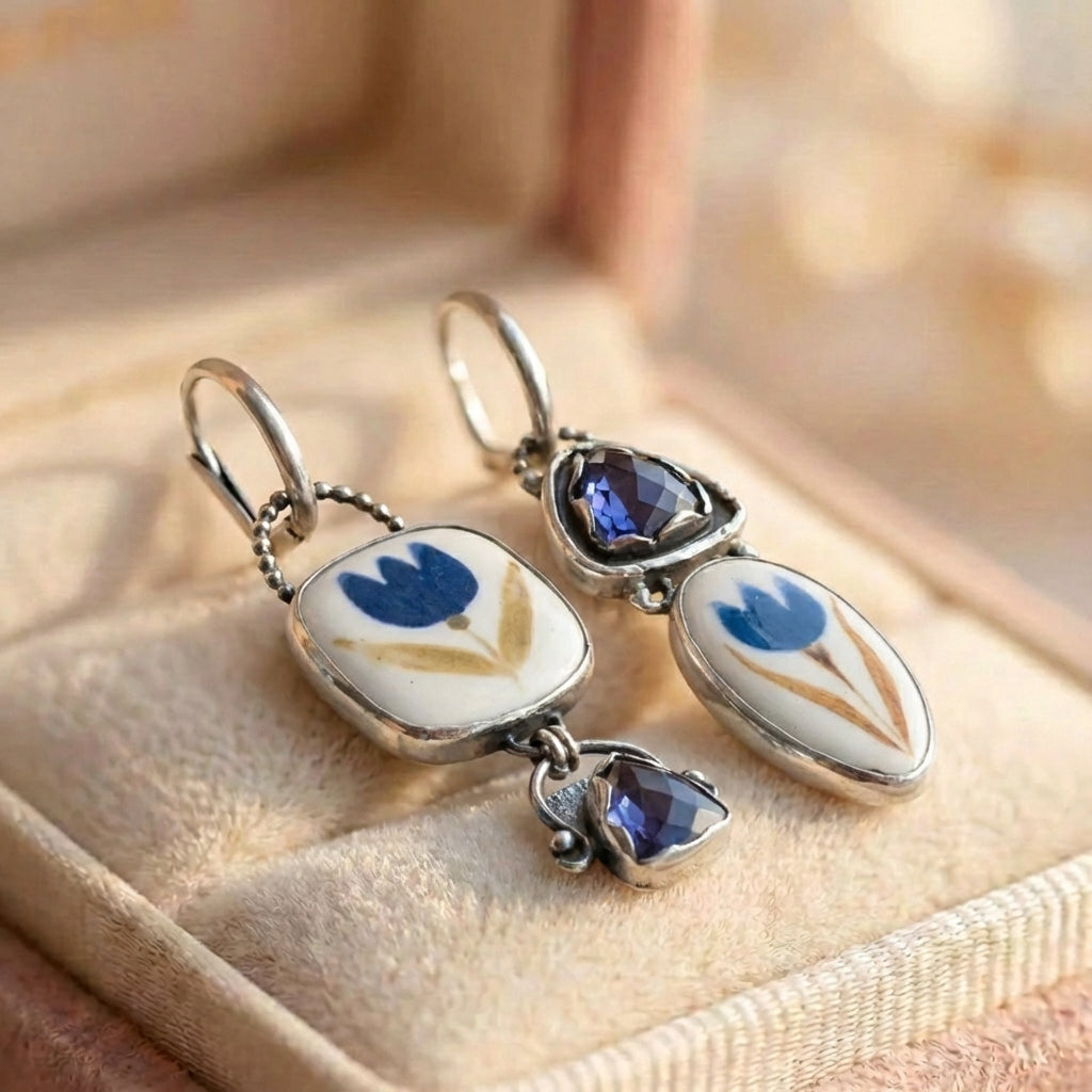 Vintage Flower Carving Blue Stone Dangle Silver Earrings