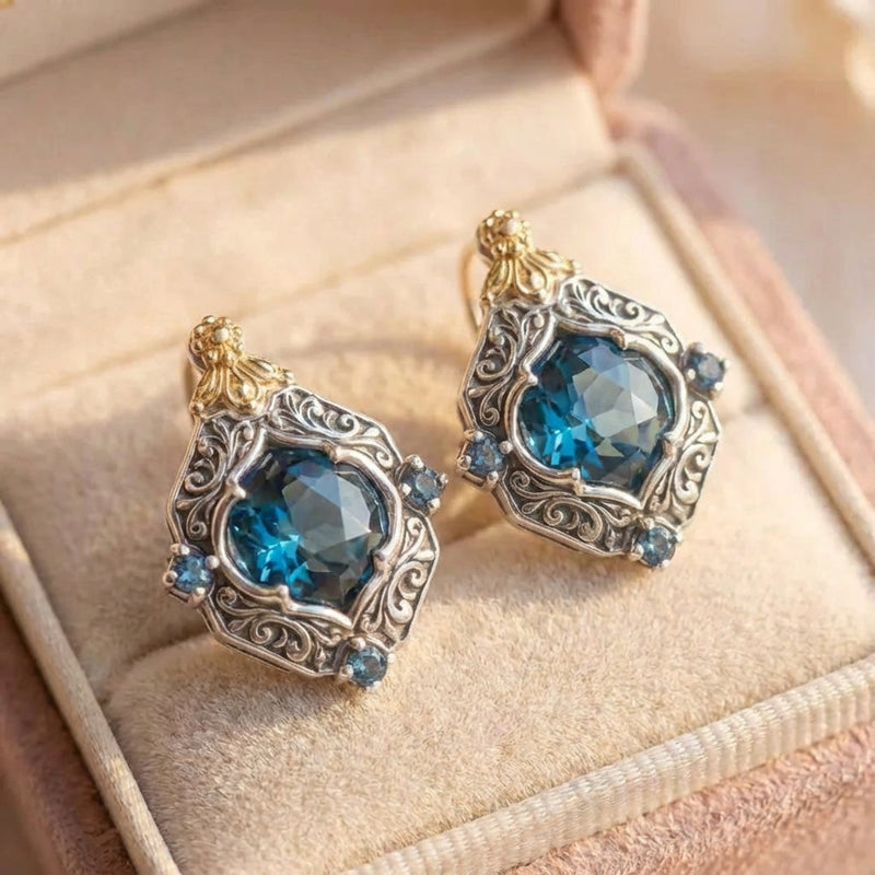 Vintage Blue Crystal Gold Earrings