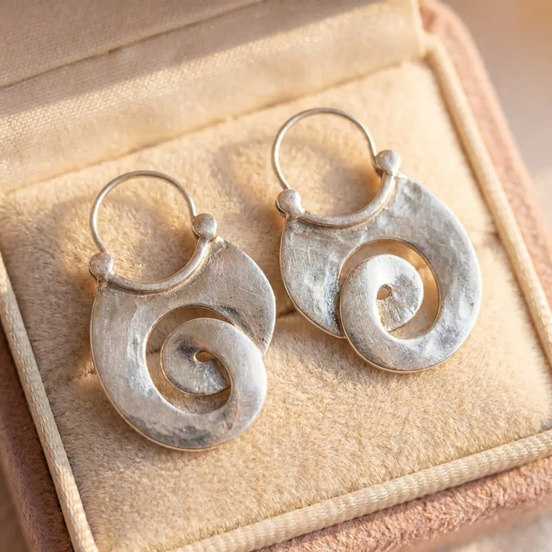 Vintage Gypsy Curl Silver Hoop Earrings