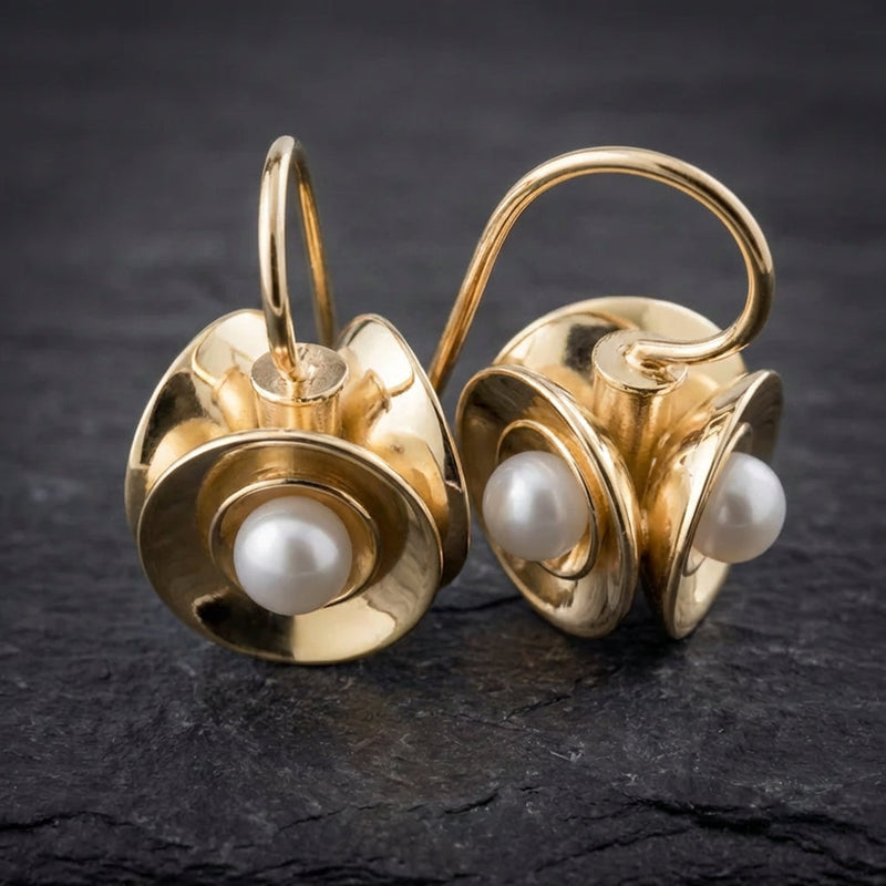 Vintage Golden Inlaid Pearl Blossom Earrings