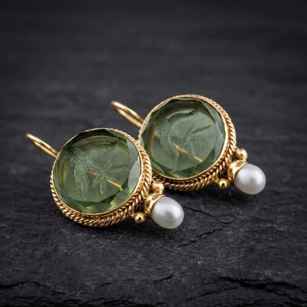 Vintage Rounded Green Stone Pearl Earrings