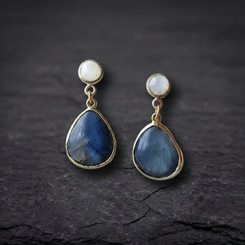 Blue Inlaid Drop Stone Pearl Earrings