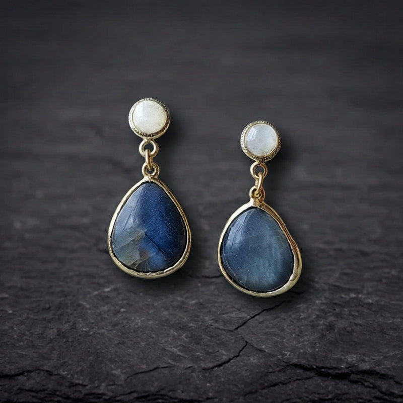 Blue Inlaid Drop Stone Pearl Earrings
