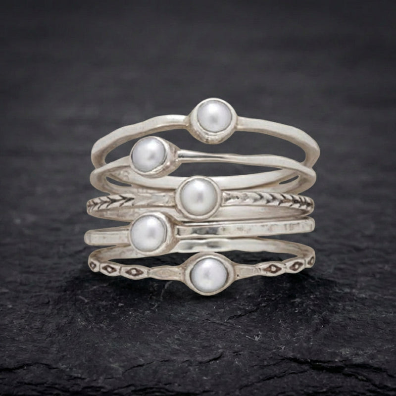 Vintage Inlaid Pearls Layered Silver Ring