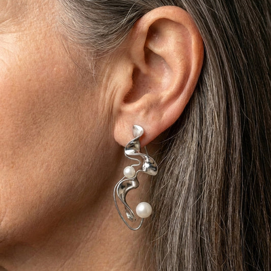 Pearl Abstract Silver Earrings