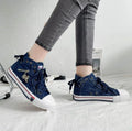 Denim sneakers with white sole