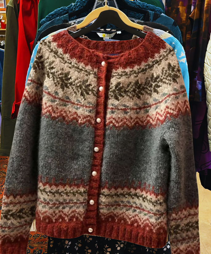 Cotton Cardigan with Red and Cream Fair Isle Stripes