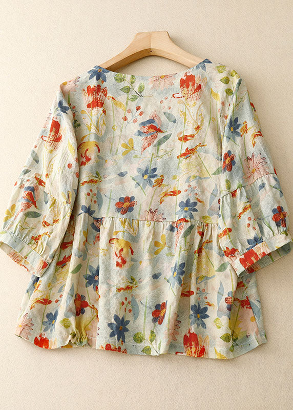 Italian Wrinkled Button Patchwork Linen T Shirts Summer