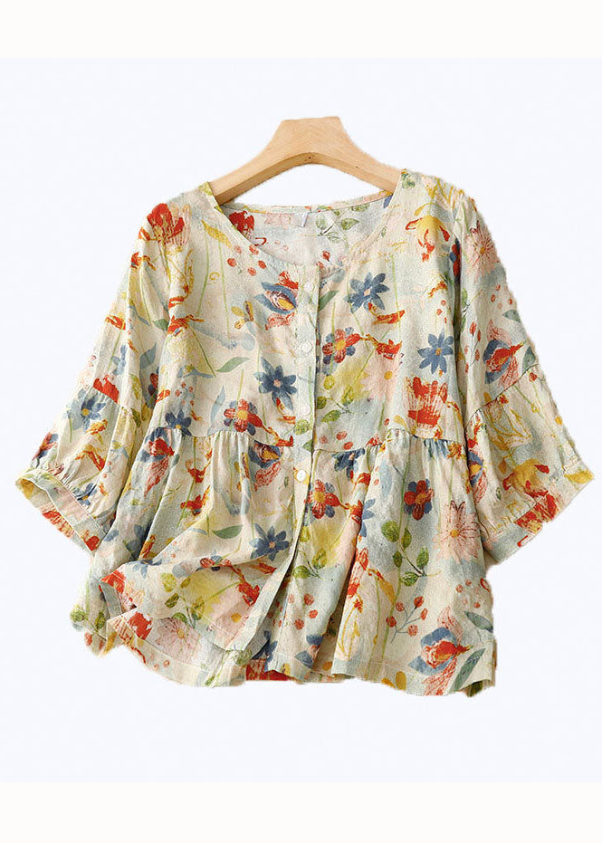 Italian Wrinkled Button Patchwork Linen T Shirts Summer