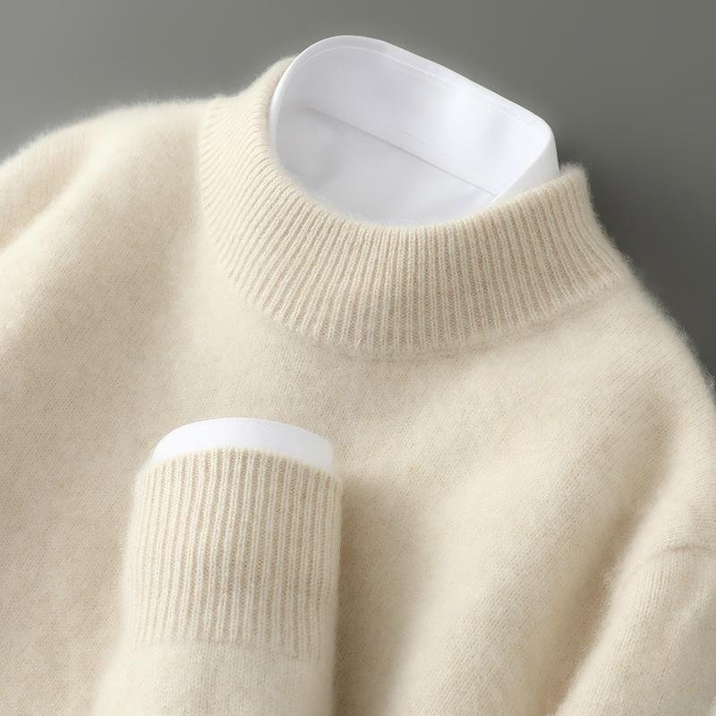 Cashmere Mock Neck Sweater with Classic Ribbed Detailing in Cream