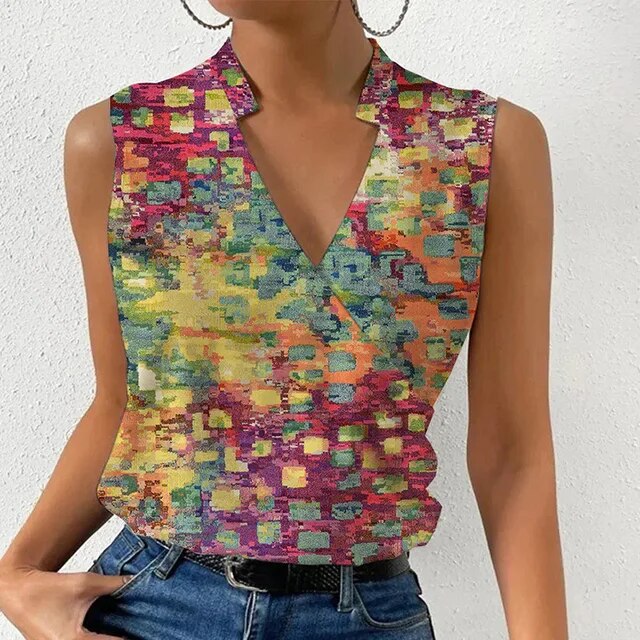 KS | sleeveless top with floral print and V-neckline