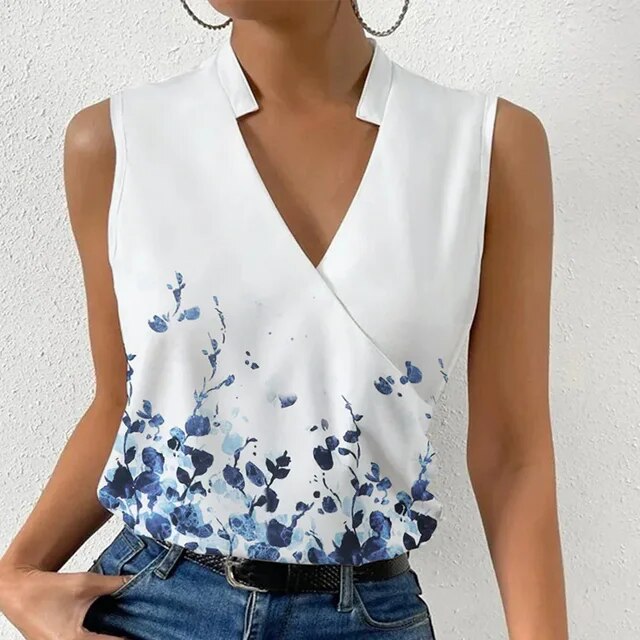 KS | sleeveless top with floral print and V-neckline
