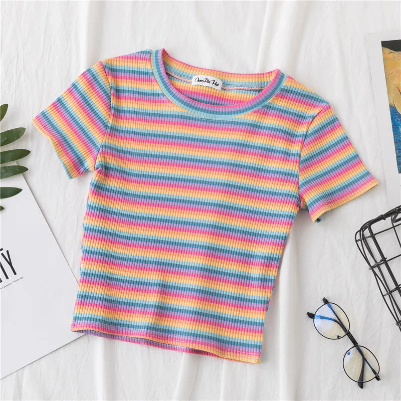 New T Shirt Rainbow Striped Tops Slim Fit T Shirt Harajuku Tshirt Summer Short Sleeve Korean T-shirt Feminina Clothes Tops