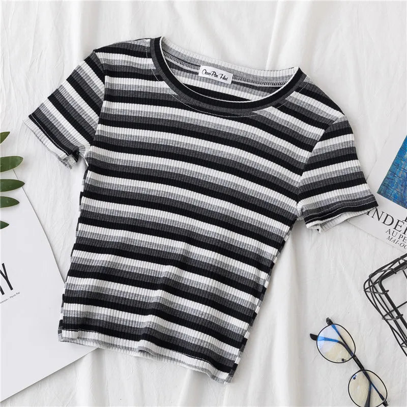 New T Shirt Rainbow Striped Tops Slim Fit T Shirt Harajuku Tshirt Summer Short Sleeve Korean T-shirt Feminina Clothes Tops