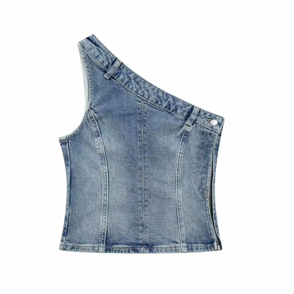 Blue One Shoulder Denim Tank Sleeveless