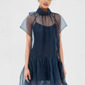 French Blue O Neck Patchwork Silk Two Piece Set Lantern Sleeve