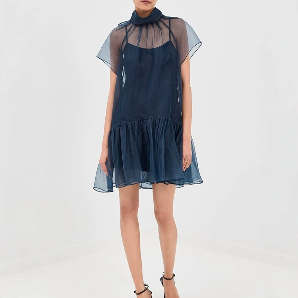 French Blue O Neck Patchwork Silk Two Piece Set Lantern Sleeve