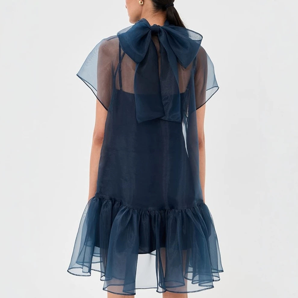 French Blue O Neck Patchwork Silk Two Piece Set Lantern Sleeve