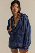Stylish Blue Hooded Pockets Drawstring Patchwork Denim Top Fall