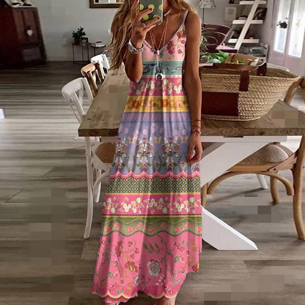 Long cami dress with ethnic print