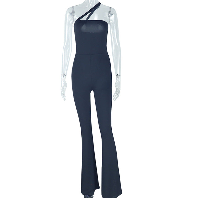 Clothing Micro Elastic Backless Color Long Conjoined Trousers Sleeveless Oblique Shoulder Strap Thin Jumpsuit