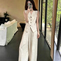 Natural White Peter Pan Collar High Waist Linen Shirts and Pants Two Pieces Set Long Sleeve