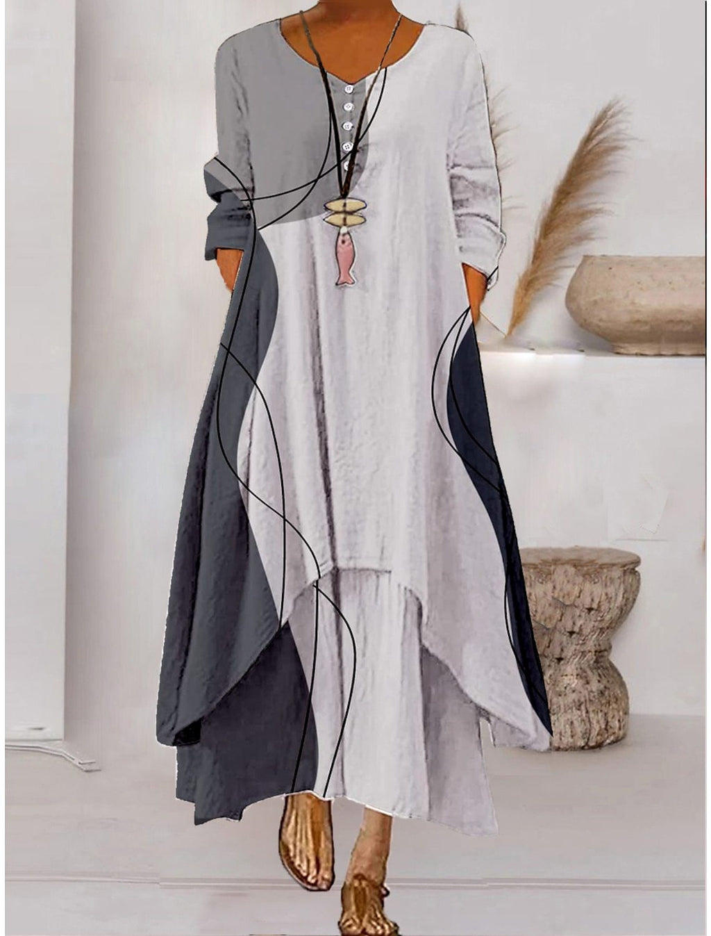 Long-sleeved maxi dress - button neckline