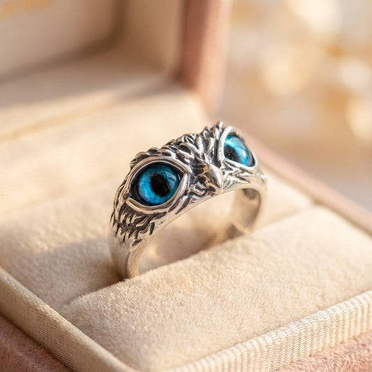Owl Of Good Luck Adjustable Ring In Silver And Opal
