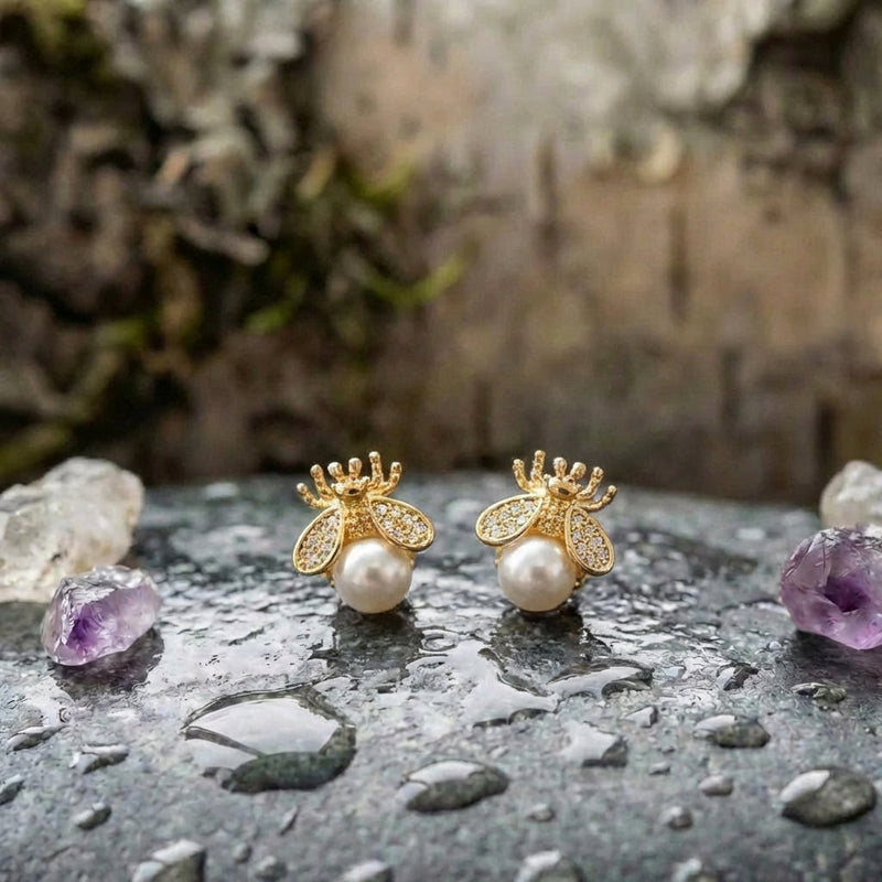 Pearl And Zirconia Bee Earrings In Gold