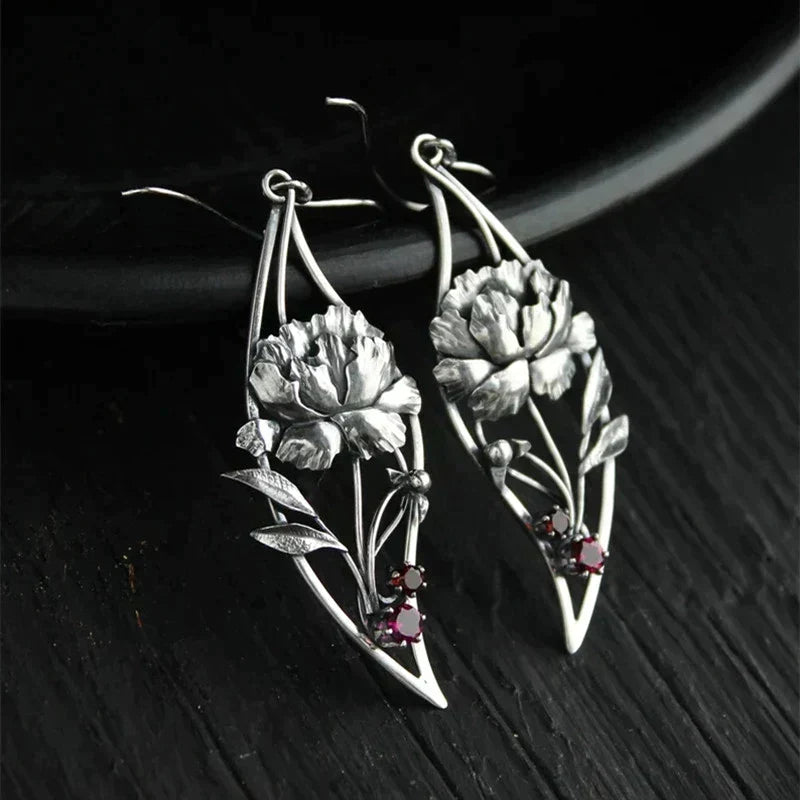 Boho Floral Earrings With Crystals In Sterling Silver