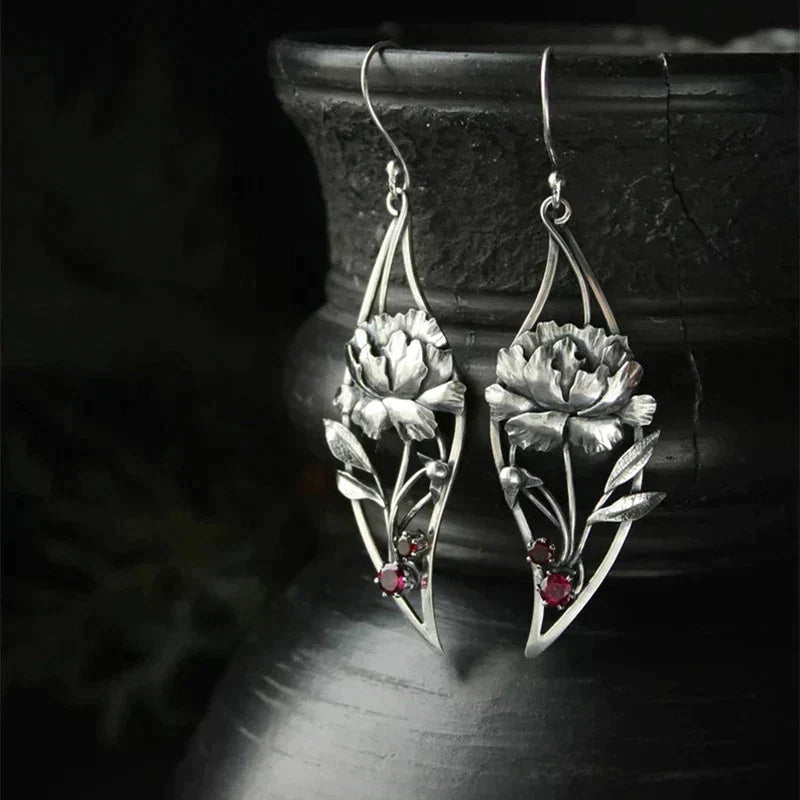 Boho Floral Earrings With Crystals In Sterling Silver